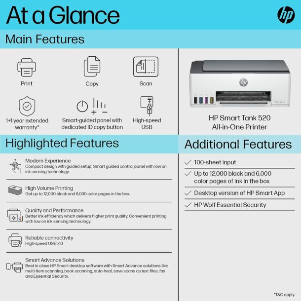 HP Smart Tank 520 All-in-one Colour Printer with 1 Extra Black Ink Bottle (Upto 12000 Black and 6000 Colour Prints) and 1 Year Extended Warranty with PHA Coverage. -Print, Scan & Copy for Office/Home - Image 3